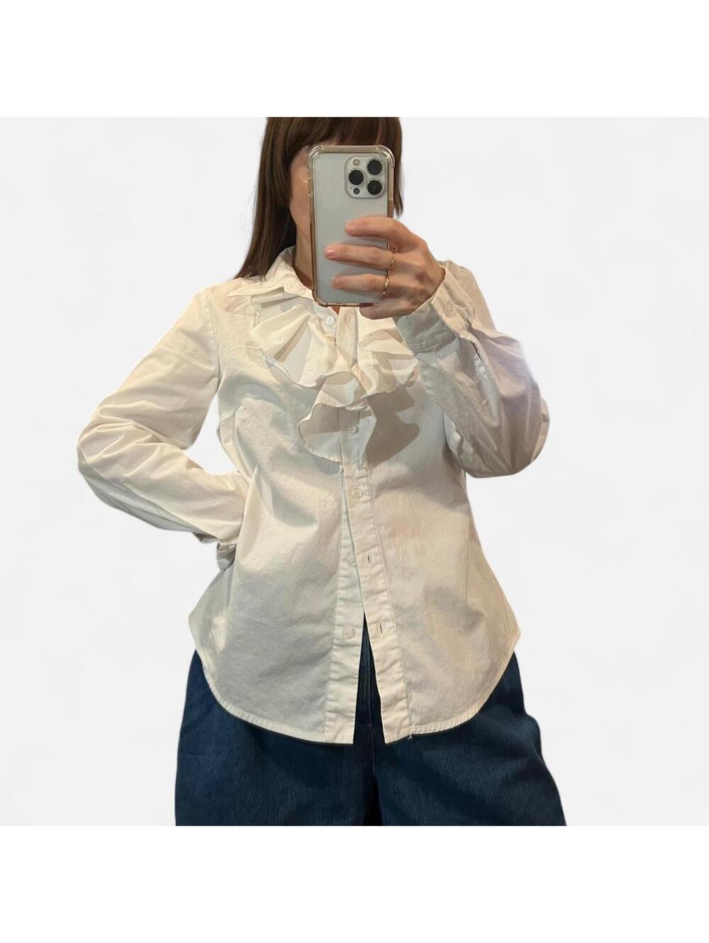 Vintage Y2K White Ruffle Button Up Blouse Fitted Stretch